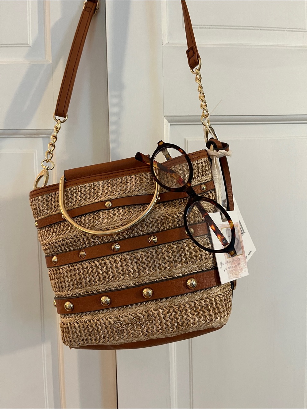 Jessica Simpson Woven Straw Crossbody Bag with Brown Trim and Gold Hardware